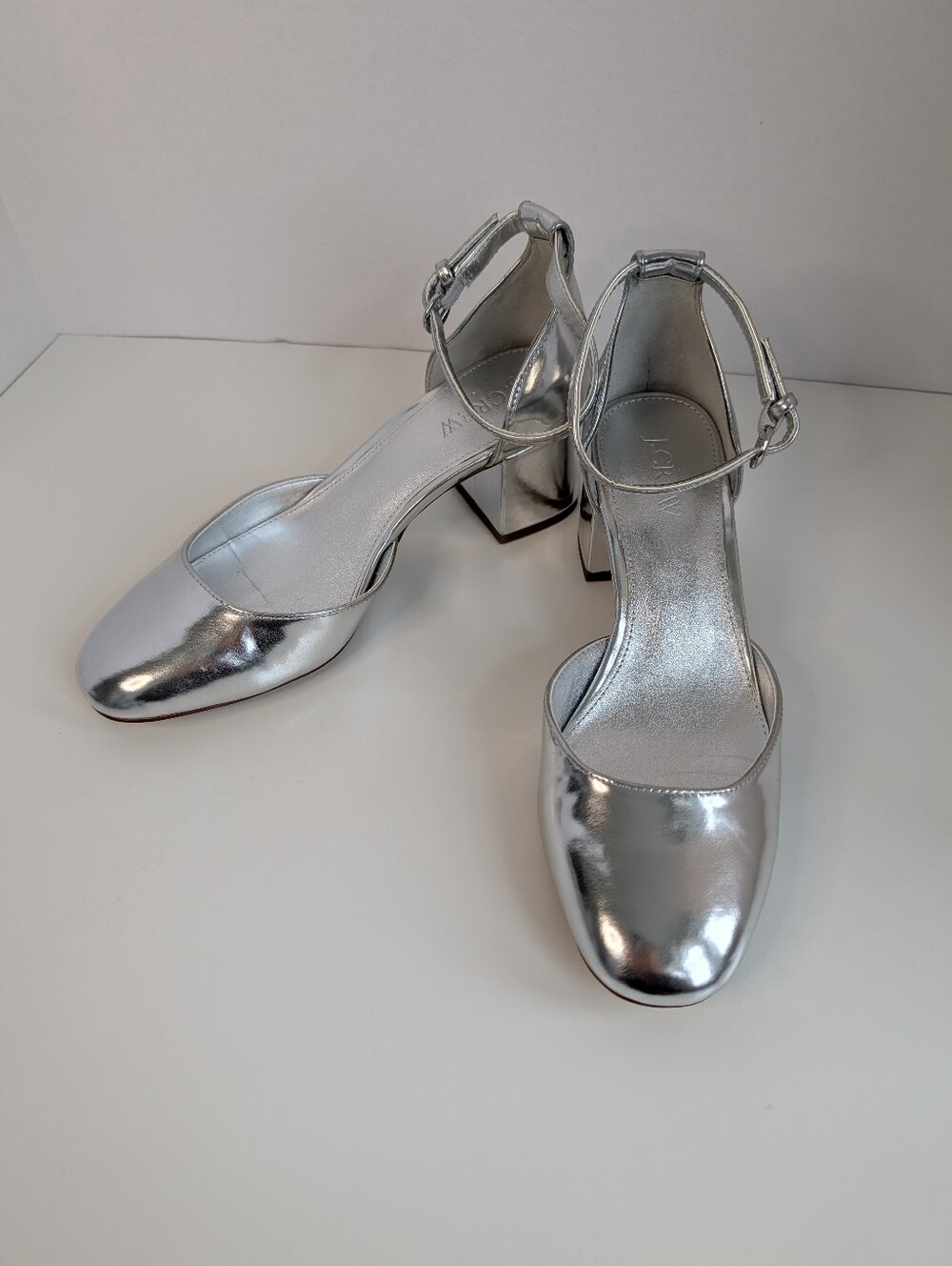 J.Crew Metallic Silver Block Heel Ankle Strap Pumps